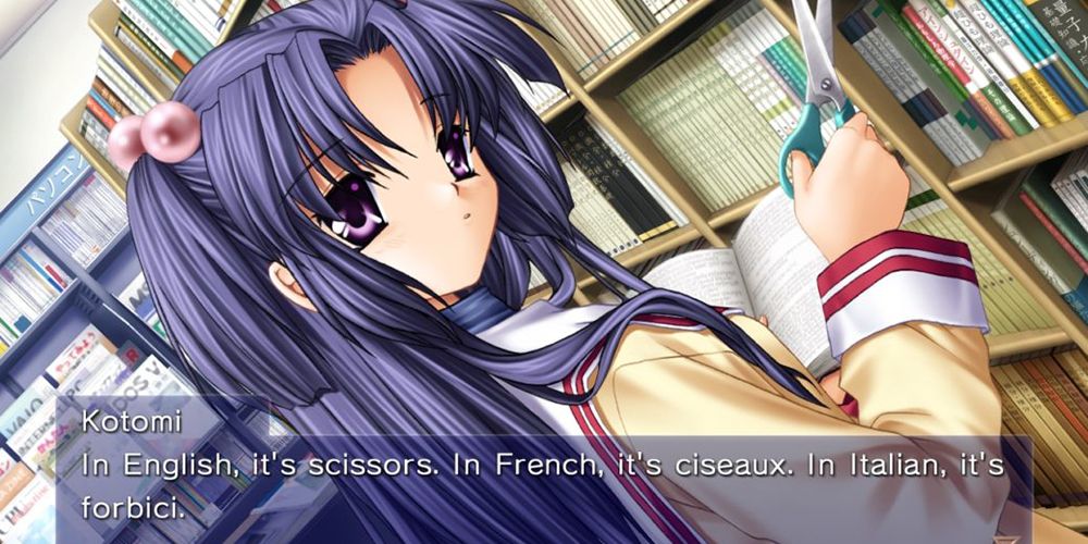 Kotomi holding a book and scissors as she looks at the viewer
