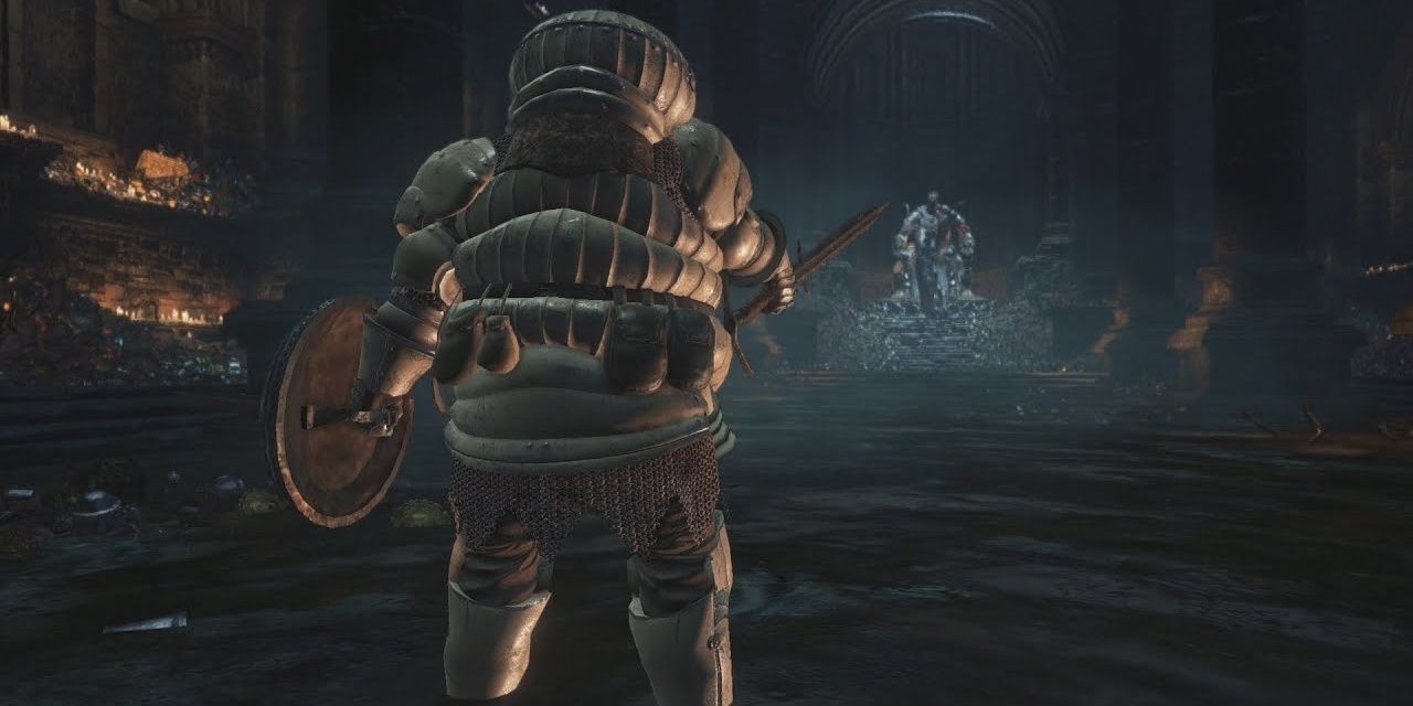 Onion Knight facing down Yhorm the Giant