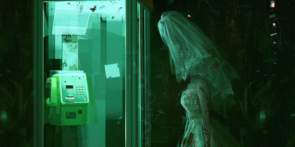 ghost of a bride stands outside a payphone booth