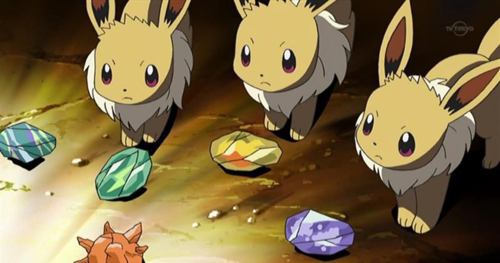 A shiny eevee presenting the three precious evolution stones: firestone,  thunderstone, waterstone.