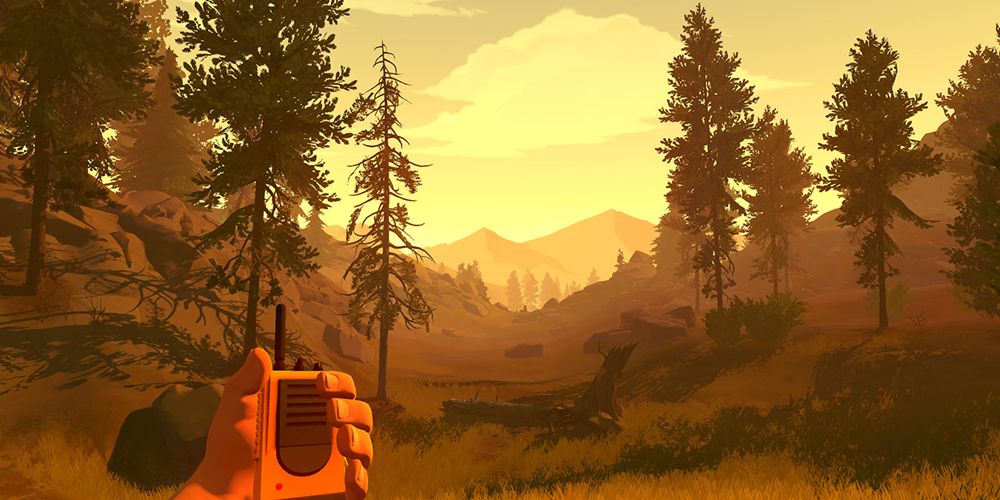 Firewatch - The Protagonist Holding A Walkie Talkie In A Forest