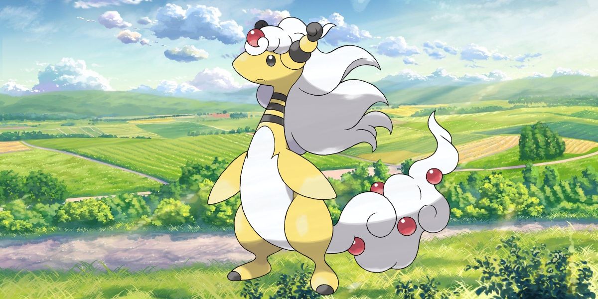 Mega Ampharos stands tall and proud with green fields behind it.