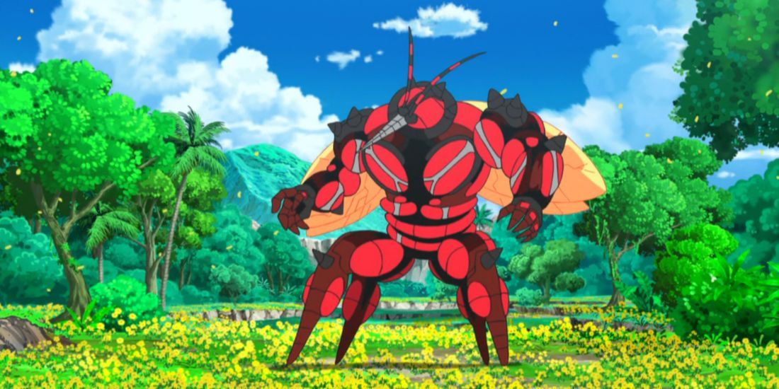 Pokemon Ultra Beasts: Buzzwole flexing in a field.