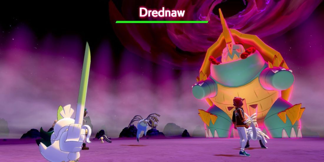 A Sirfetch'd and other Pokemon face off against a Dynamaxed Drednaw in a Raid.