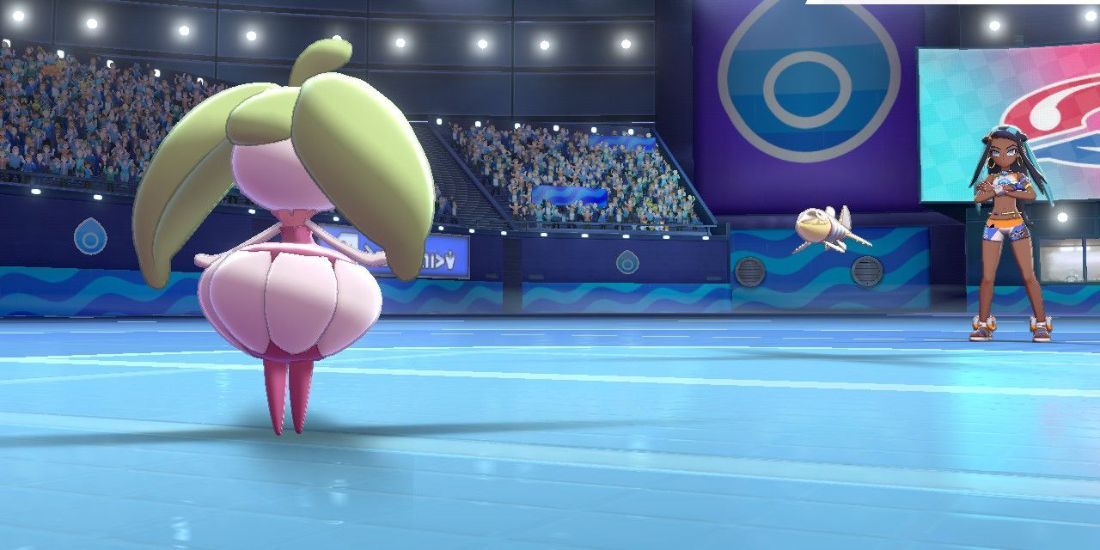 A Bounsweet facing off against Nessa in her Gym stadium.