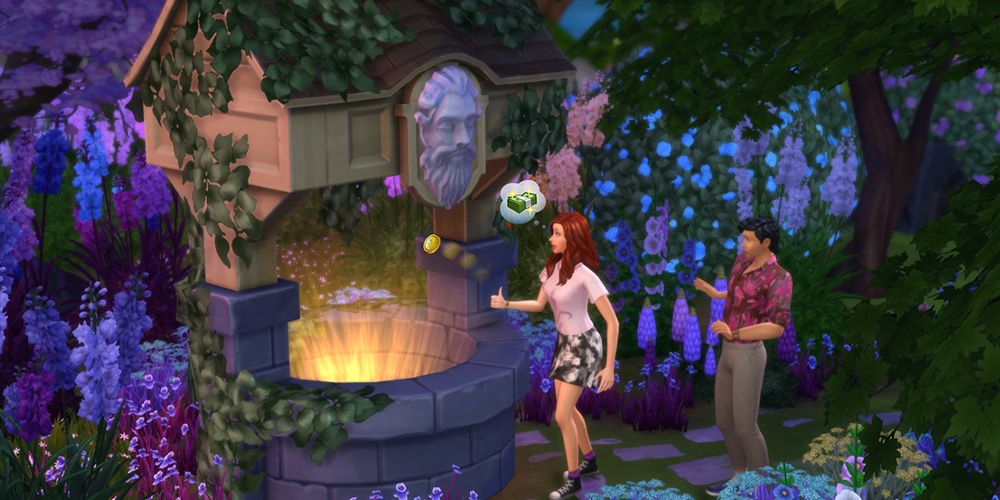 A sim by a wishing well throwing in a coin