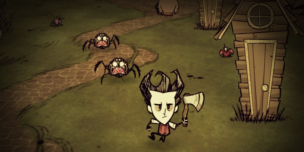 Character running from spiders while holding an axe in Don't Starve.