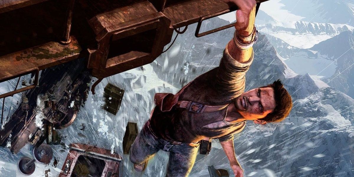 nathan drake hanging from train in uncharted 2