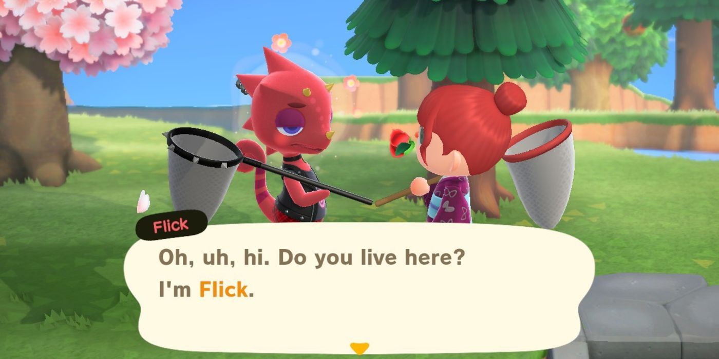 Player speaking to Flick in Animal Crossing New Horizons