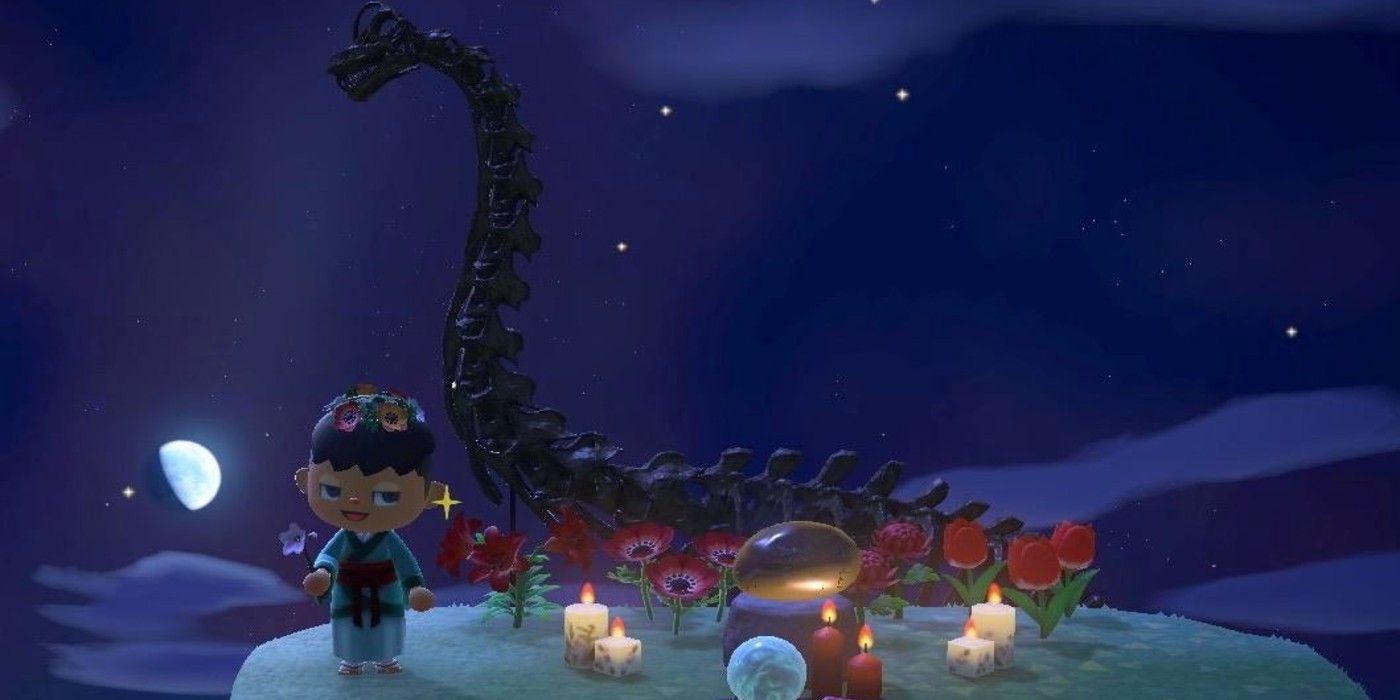 Animal Crossing New Horizons Brachio Skull Fossil on island at night with candles