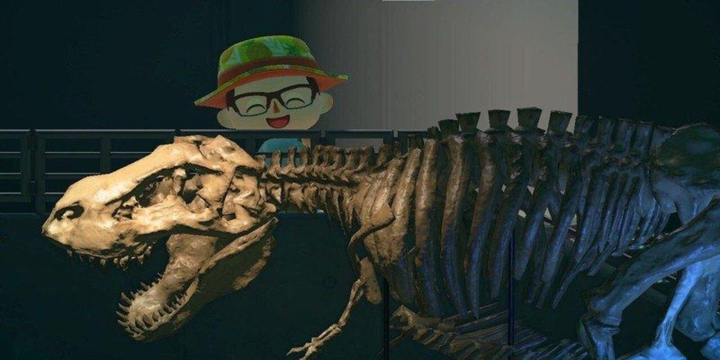 Animal Crossing New Horizons T Rex Skull Fossil display with villager looking happy