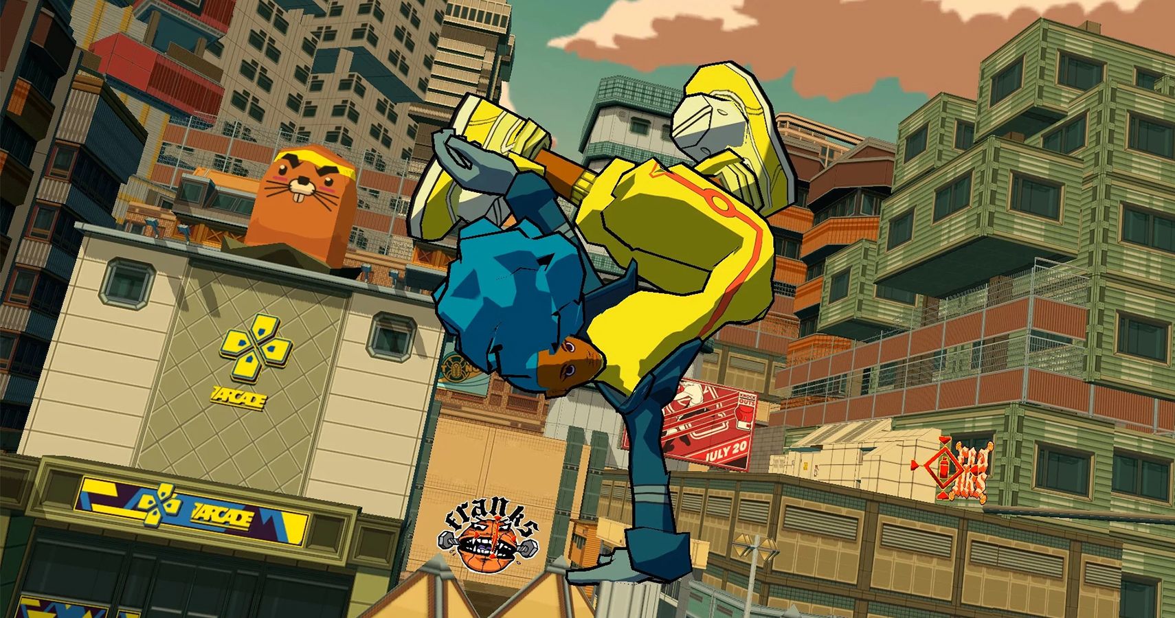 Bomb Rush Cyberfunk promo image of person in yellow jumpsuit doing a handplant