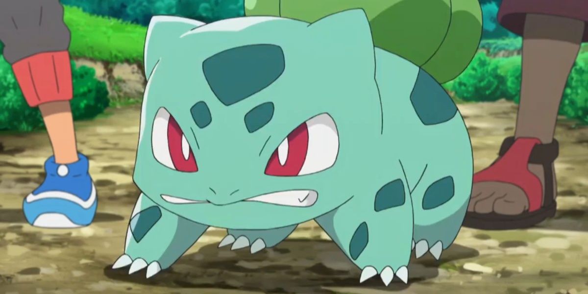 Bulbasaur standing its ground to protect its trainer in the Pokemon Anime