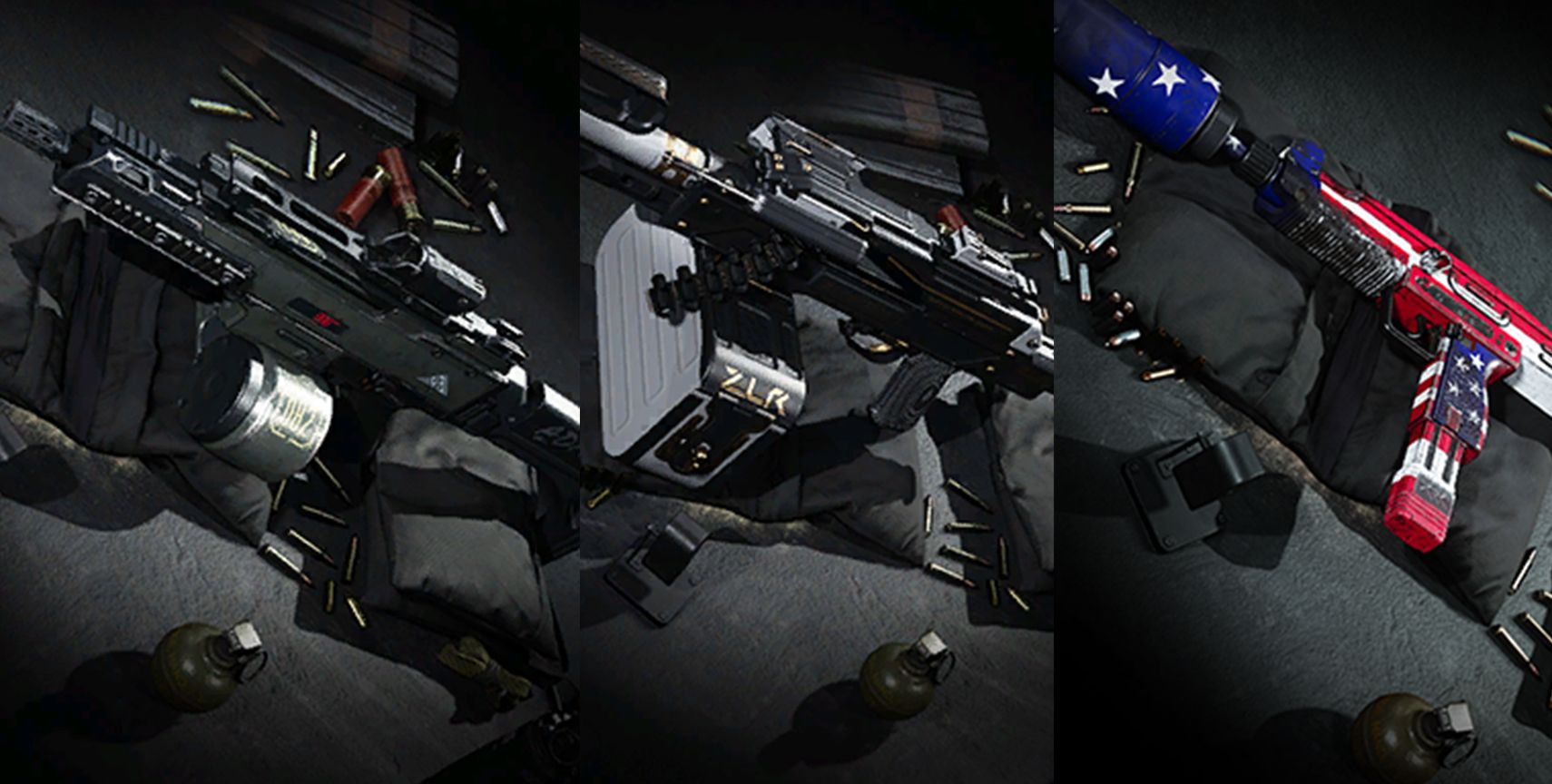 Call of Duty Modern Warfare Warzone Fourth of July, Valhalla, and aliens themed weapon skins side by side