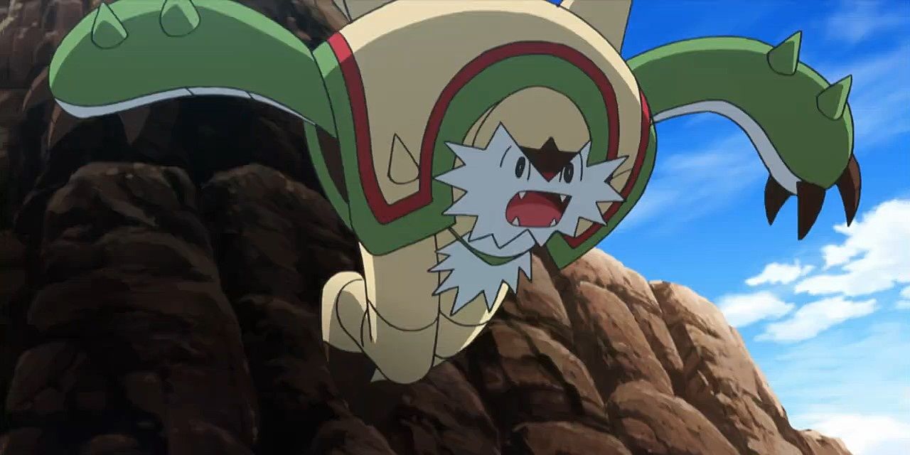 Pokemon: Chesnaught leaping down from a cliffside