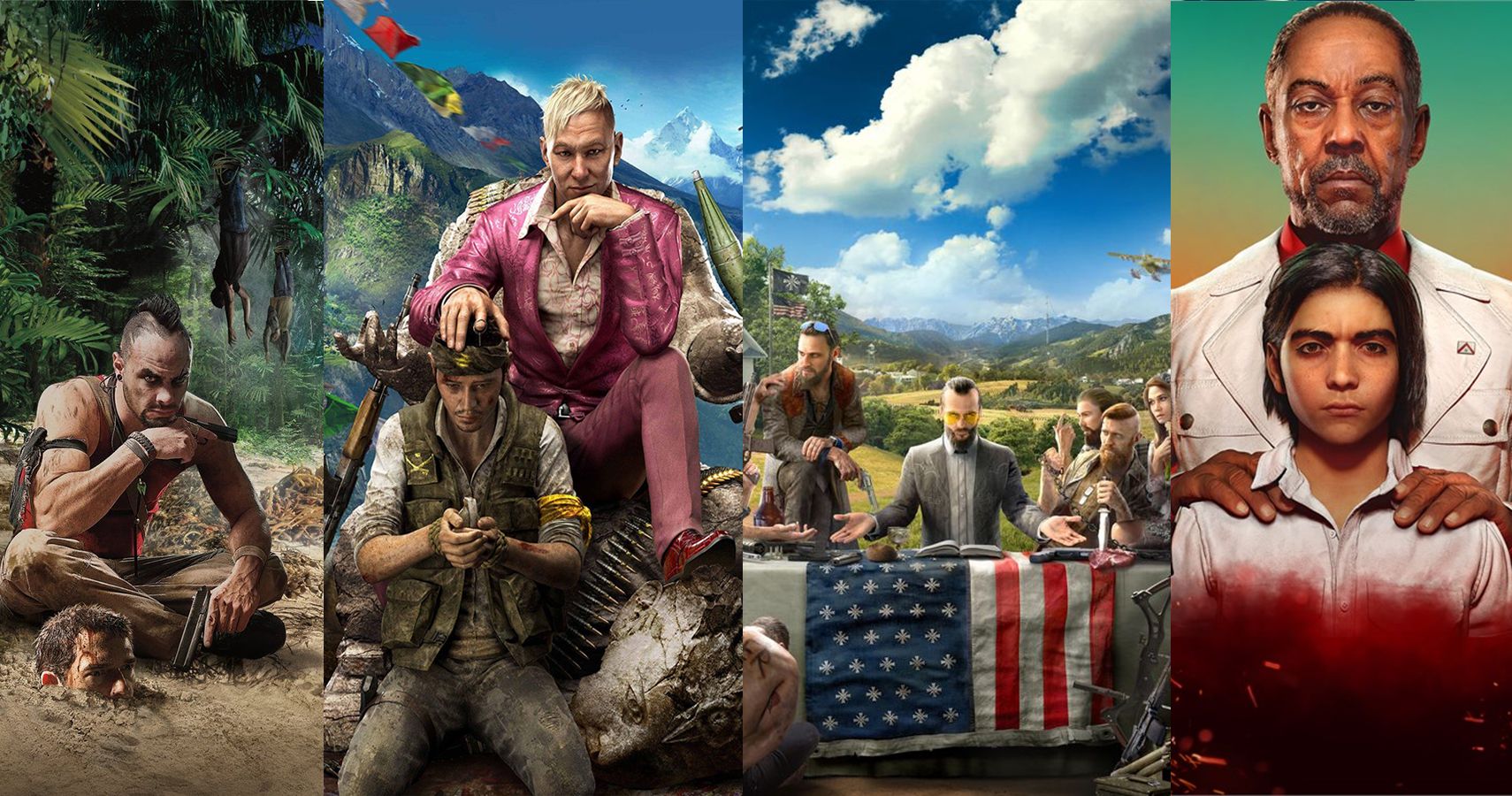 Far Cry 3, 4 , 5, and 6 cover art lined up side by side