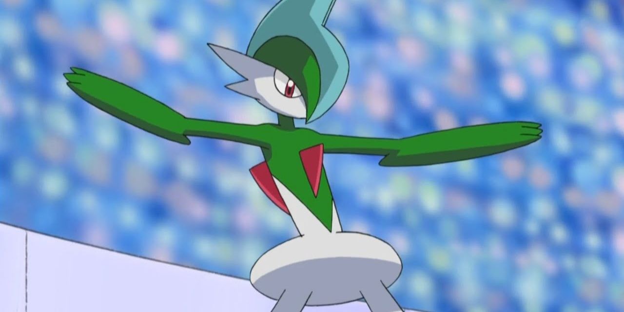 Gallade in a stadium in the Pokemon Anime