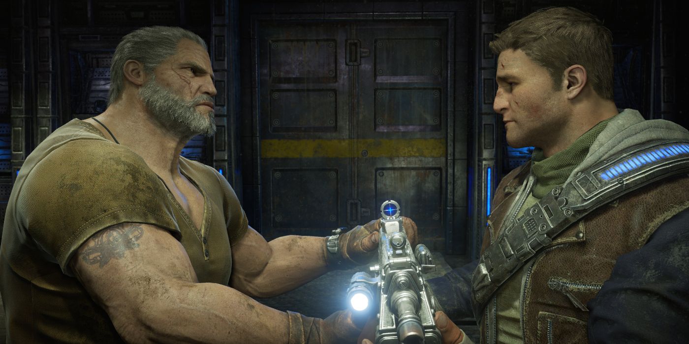 Gears of War 4 Screenshot Marcus Giving Lancer To JD