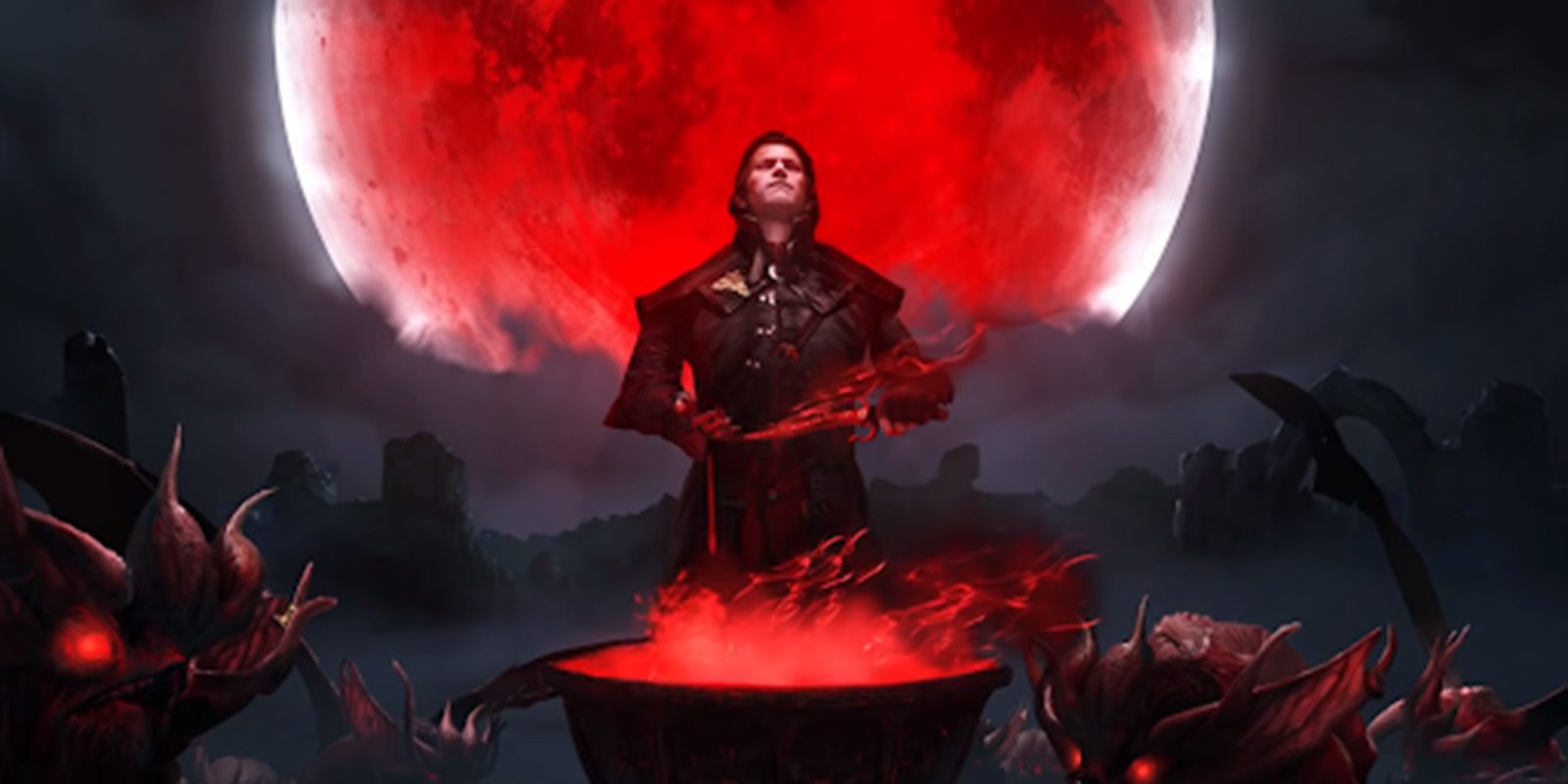 art of a vampire with a basin of blood and a red moon in the background
