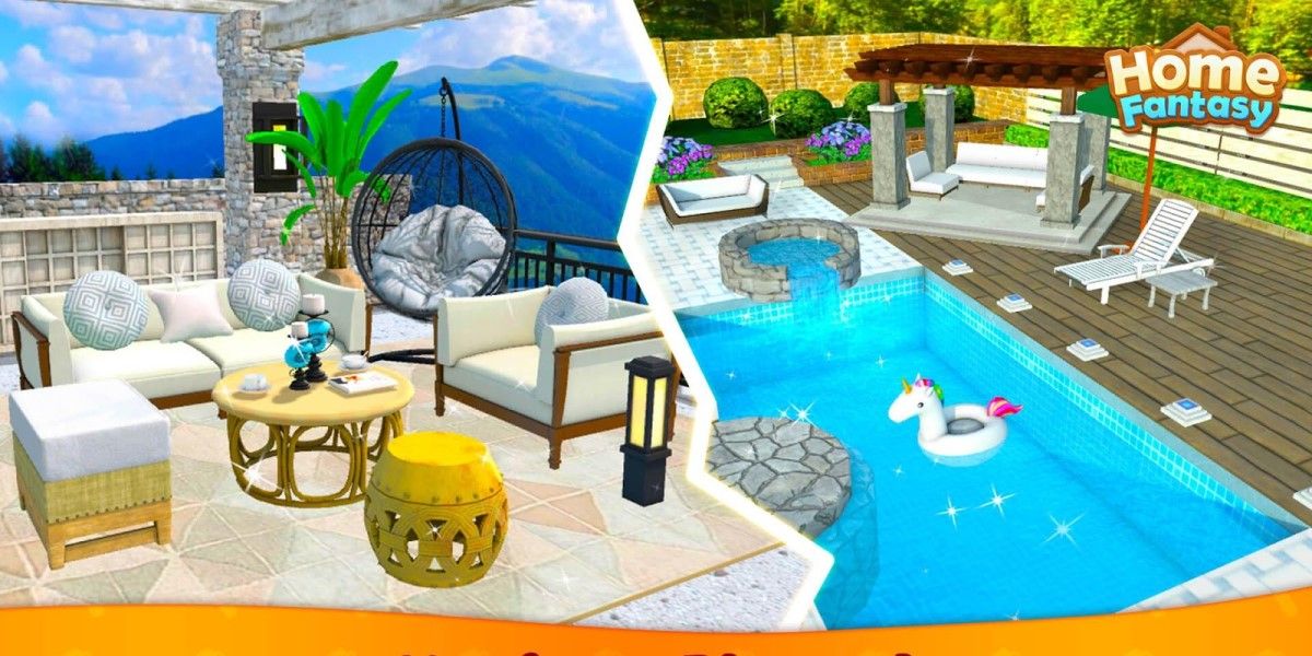 Two images showing two completely different styles of poolside furniture.