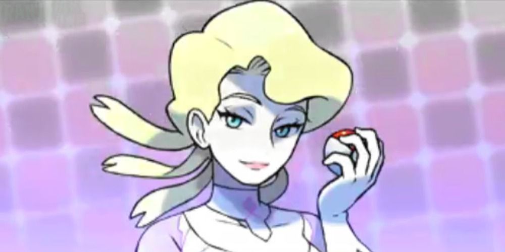 Glacia holding a pokeball on a cool pink background