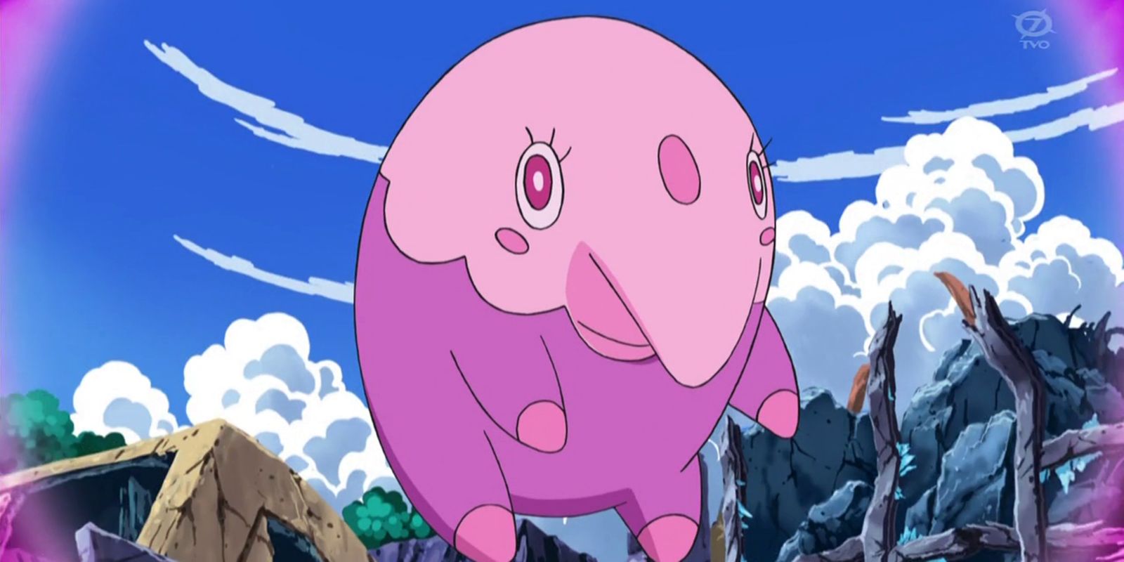 Musharna floating innocently in the sky in the Pokemon Anime.