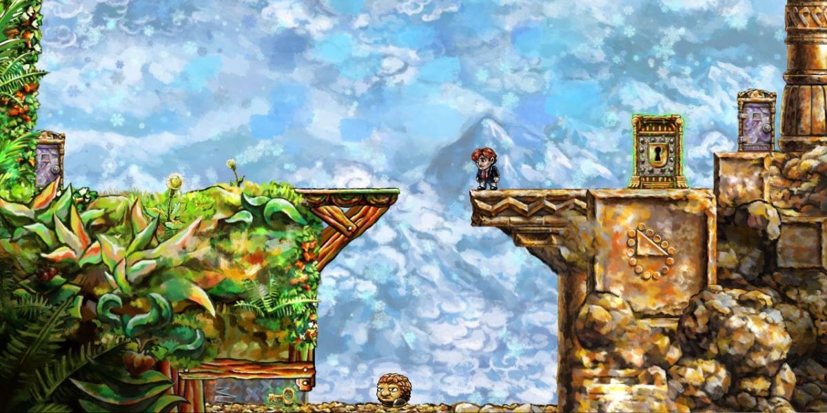 The character standing on the edge of a platform in Braid.
