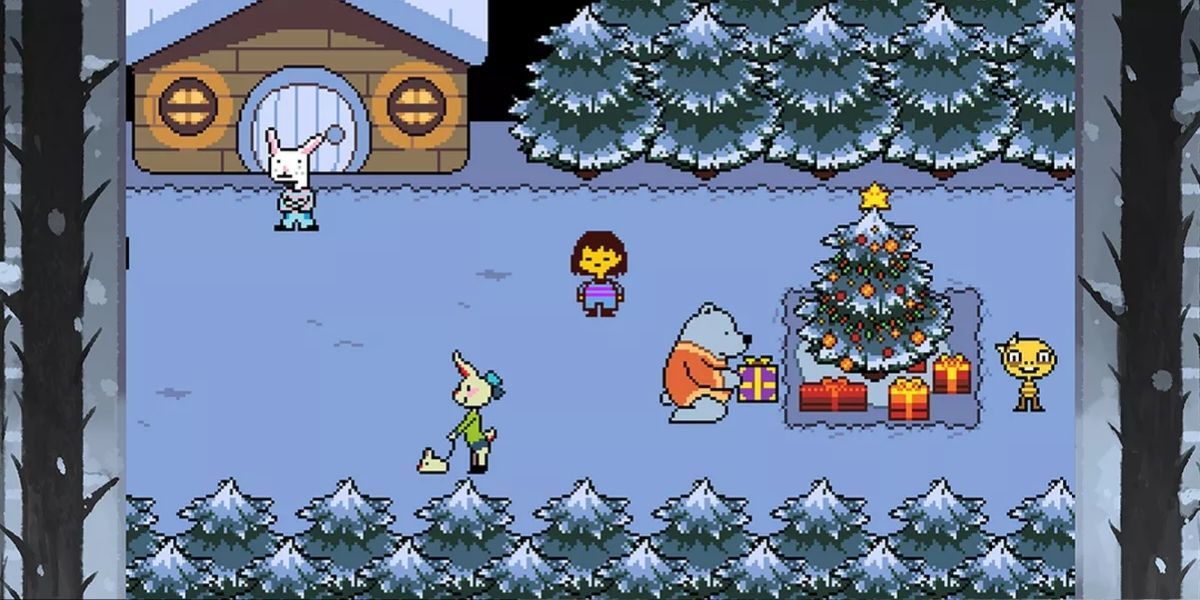 Frisk next to a Christmas tree in Undertale.