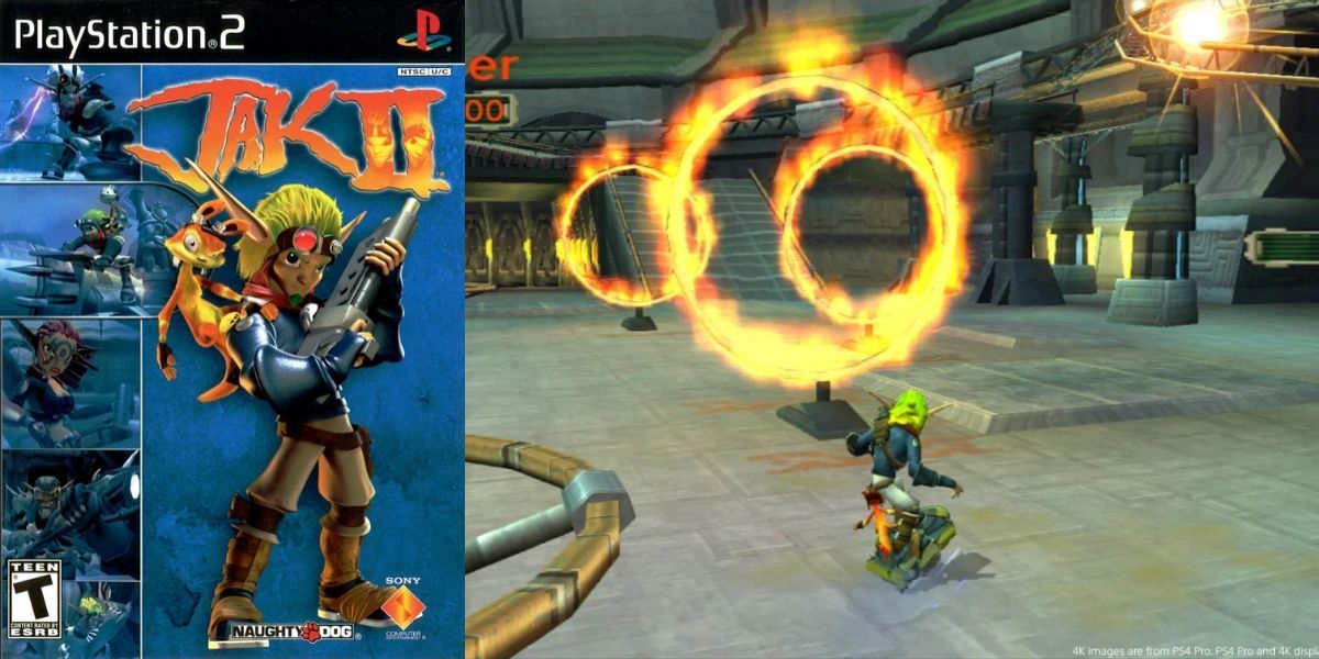 Geteiltes Bild des Jak 2-Covers und des Gameplays mit Jak und Daxter, die durch Feuerringe rollen