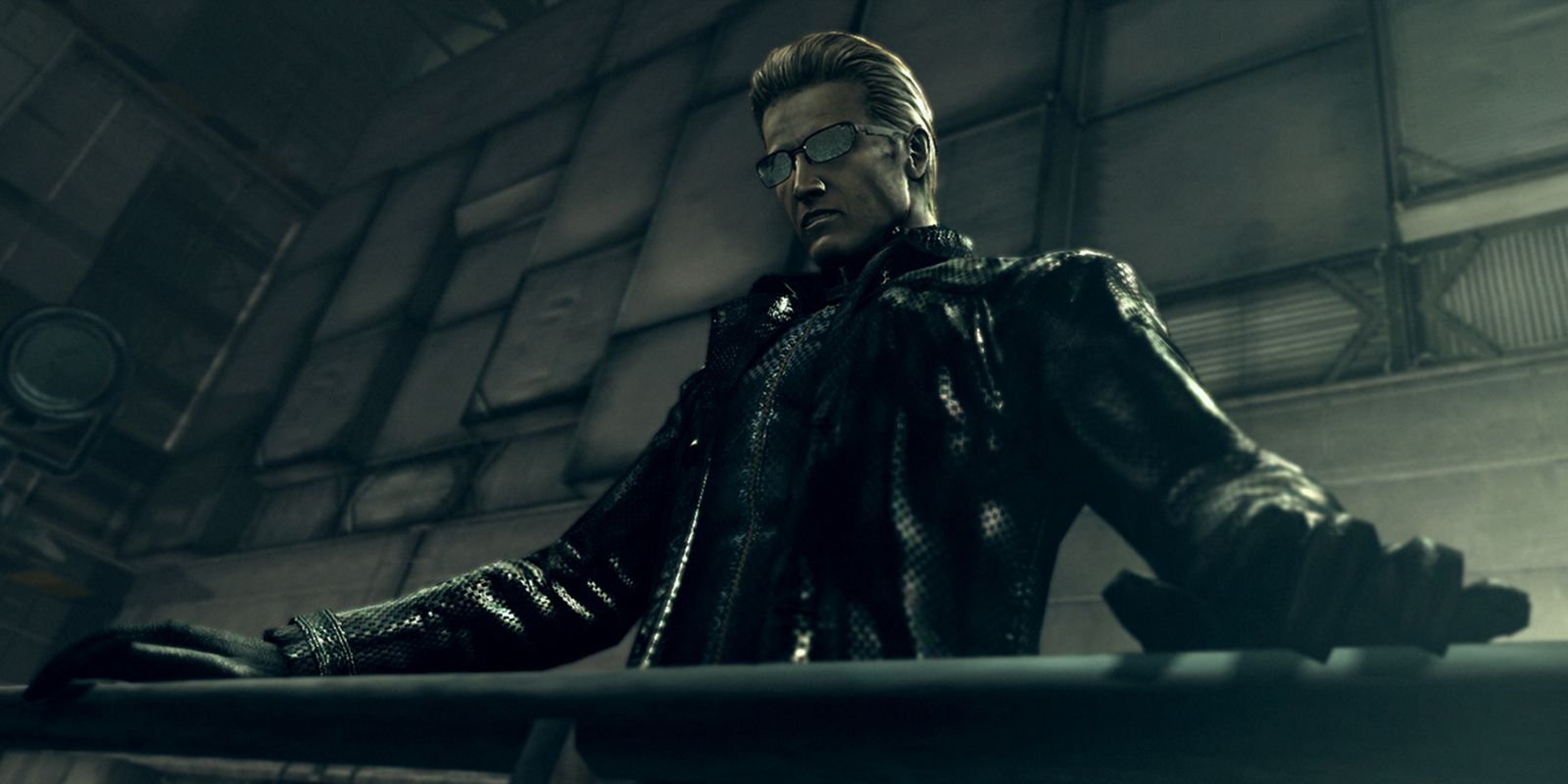 Albert Wesker placing his hands on a railing from high above and staring down menacingly in Resident Evil 5.