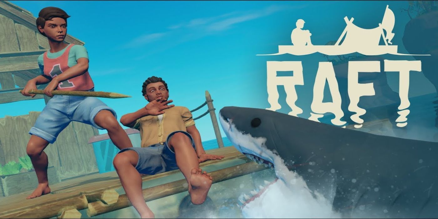 Two players fighting off a shark with a spear in Raft