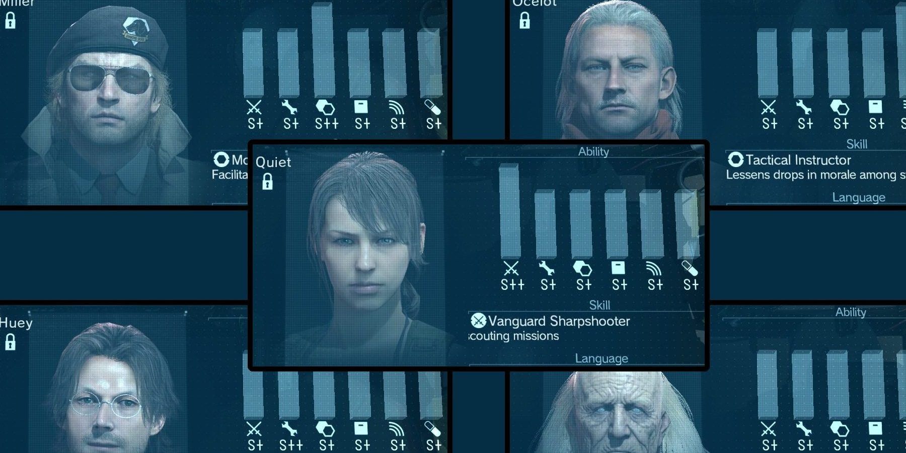 Different menus of Mother Base staff in Metal Gear Solid 5 The Phantom Pain