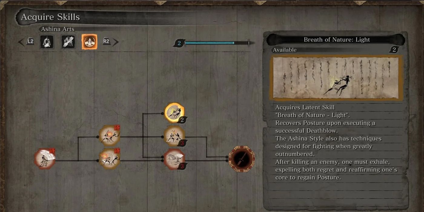 Sekiro SKill Scroll showing the Ashina arts with Breath of Nature highlighted