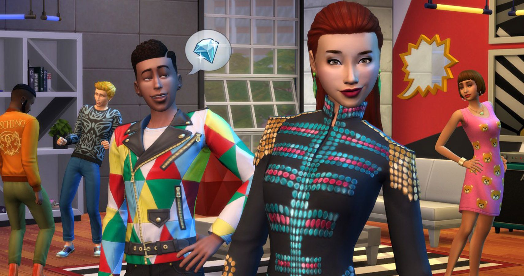 Sims in moschino clothing.