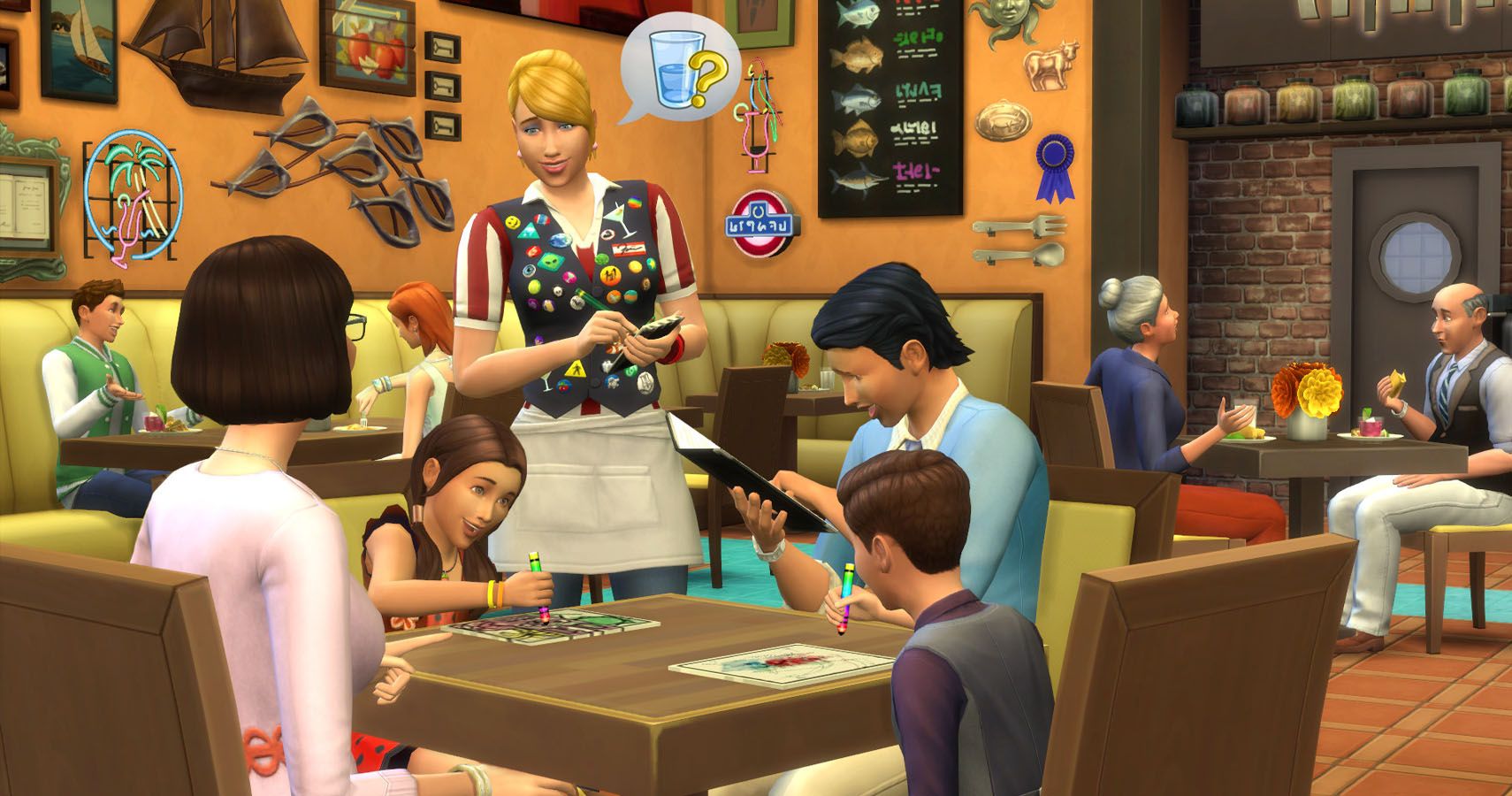 A sim serving a family in a restaurant