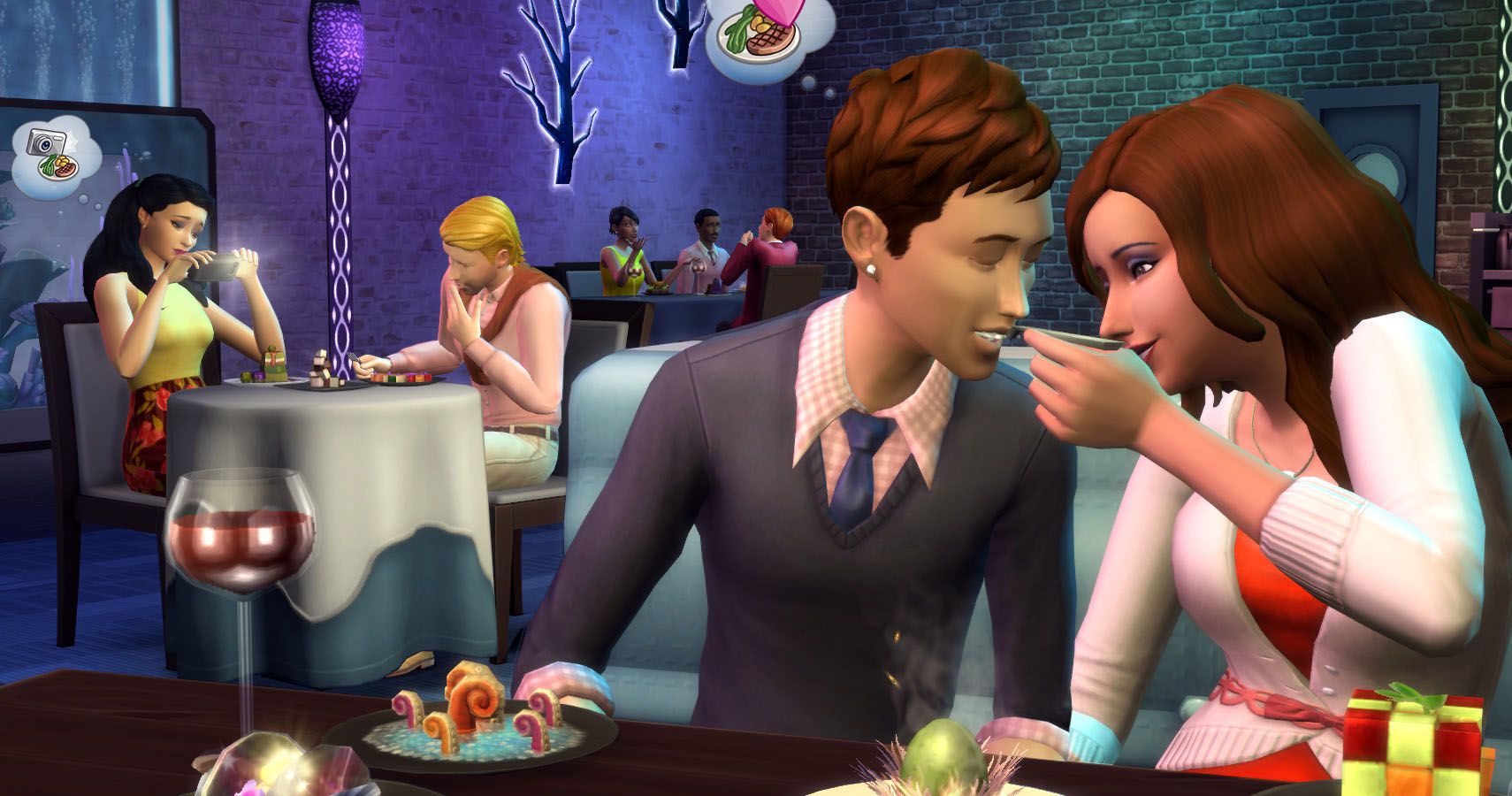 Two couples having food in a restaurant in the sims 4.