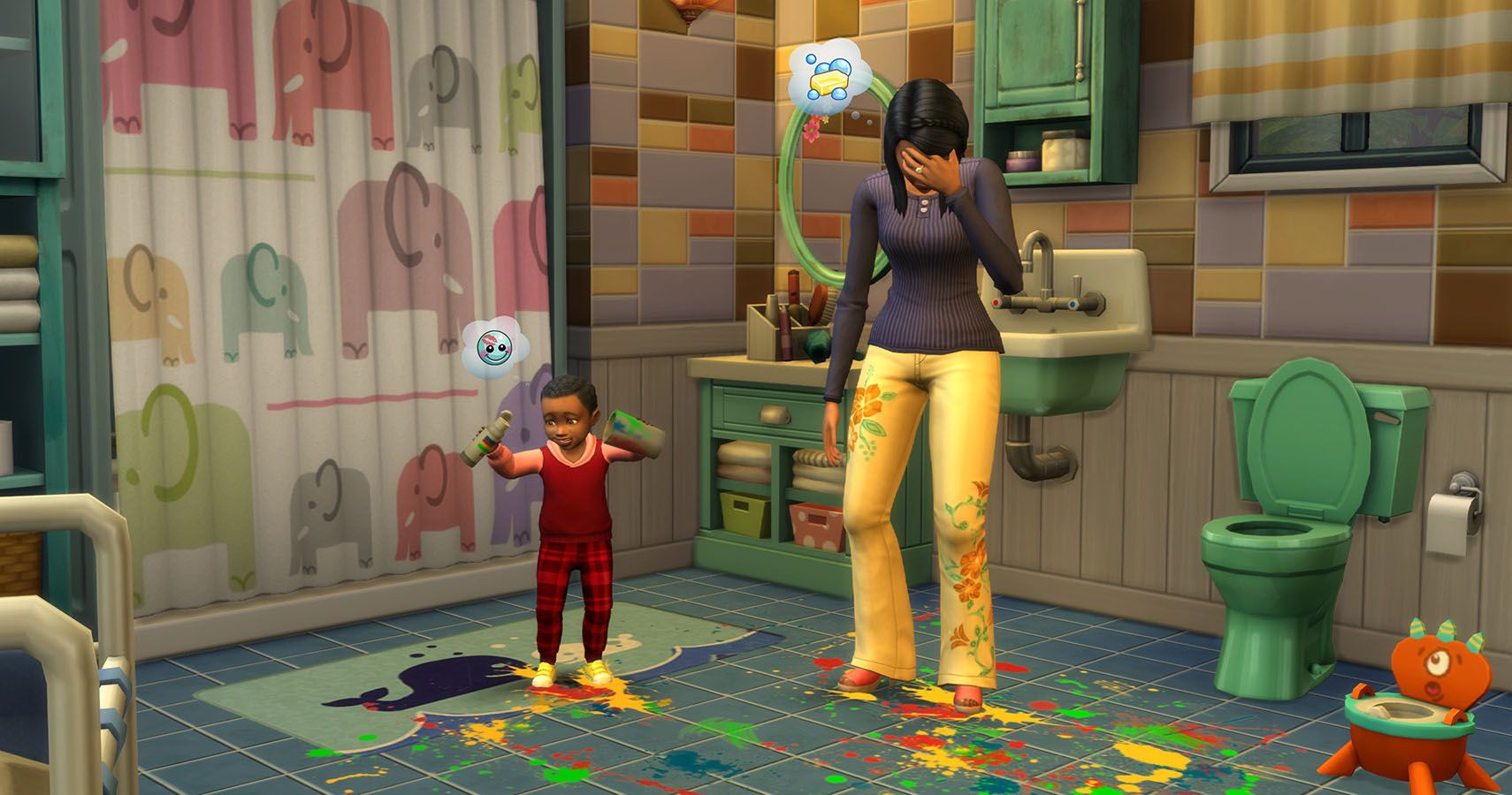 A sim mum looking desaperate as her toddler makes a huge mess.