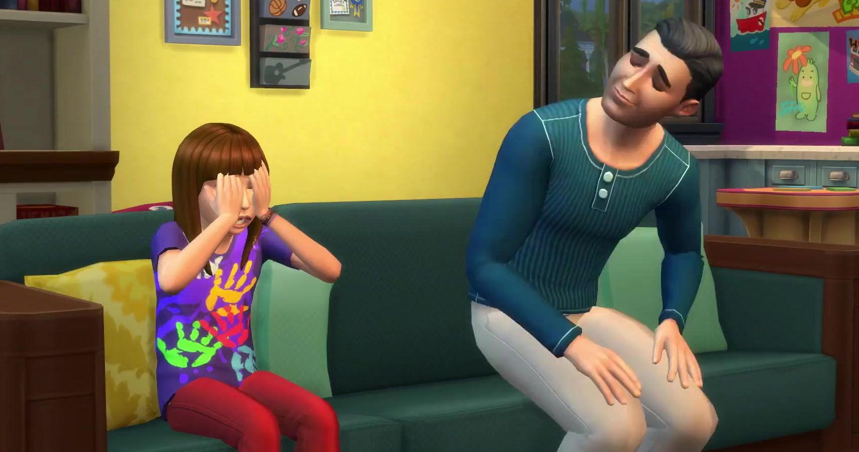 A sim dad playing hide and seek with his child.