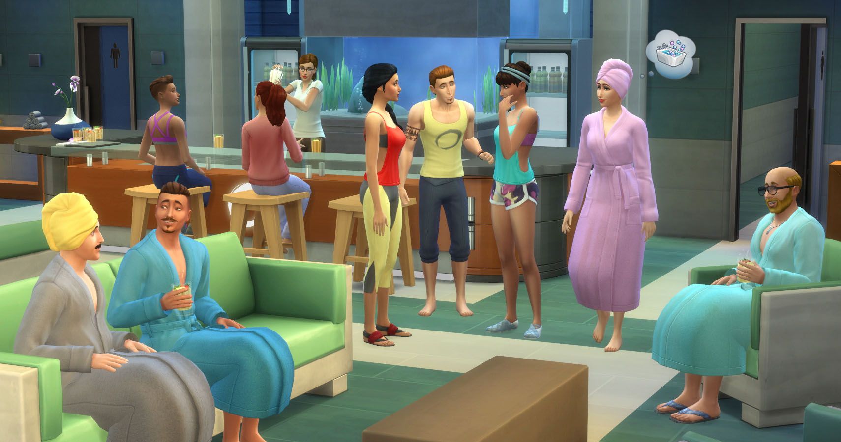A group of Sims in a spa.