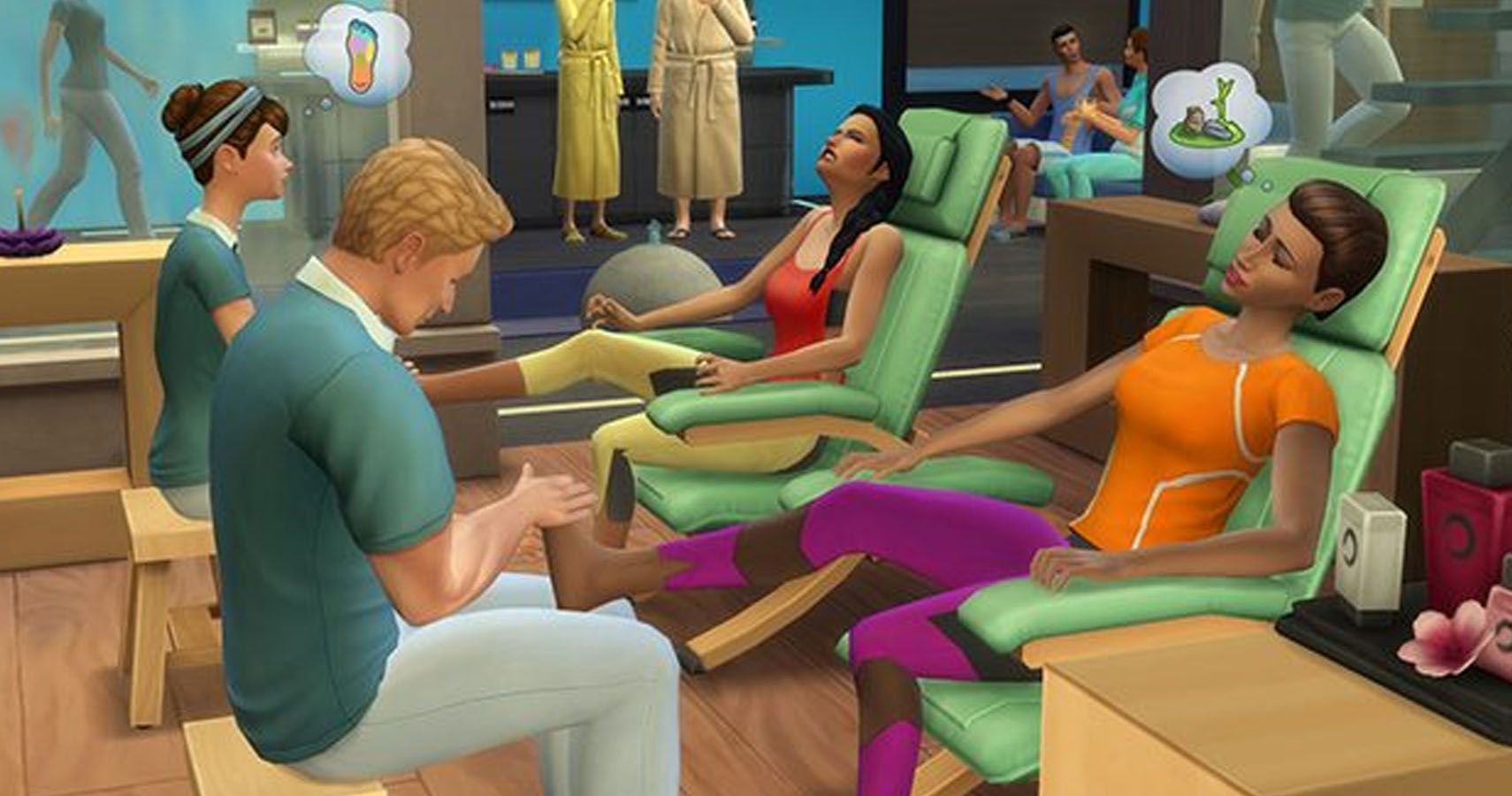 Two sims in the wellness chairs at a spa.