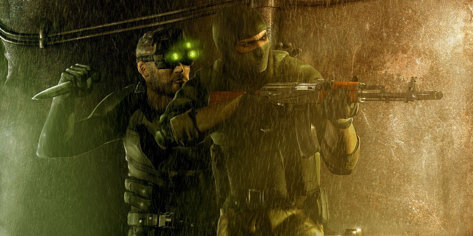 Sam Fisher sneaking up on a bad guy with a knife in Splinter Cell Chaos Theory