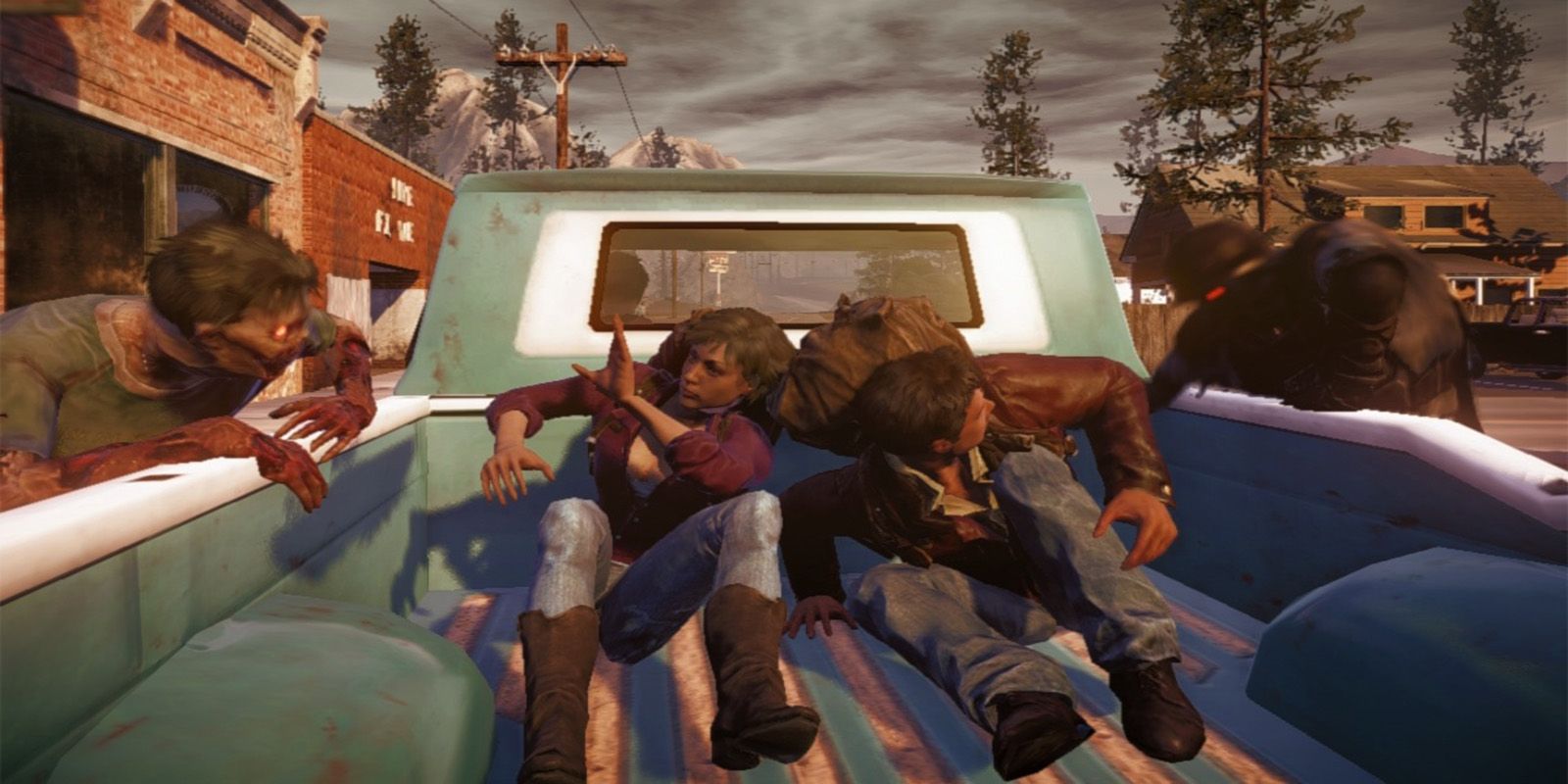 two people in the back of a truck are attacked by zombies