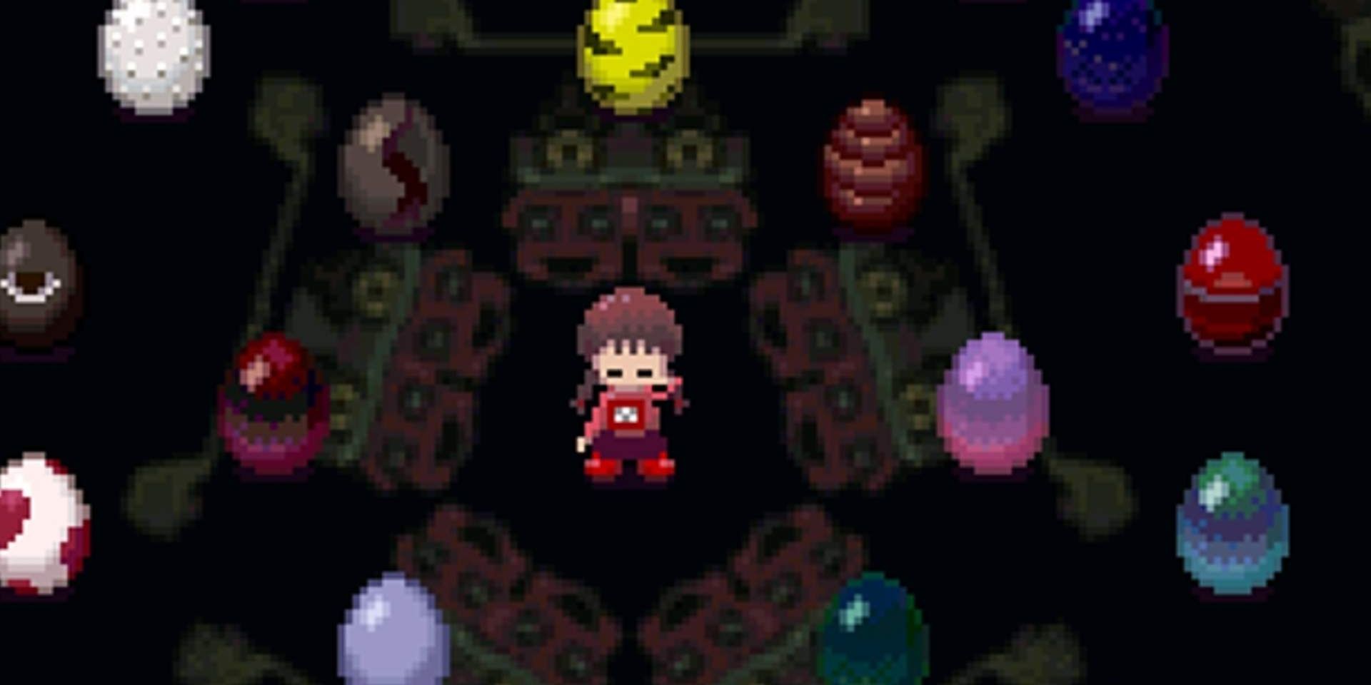 Yume Nikki gameplay screenshot character surrounded by eggs