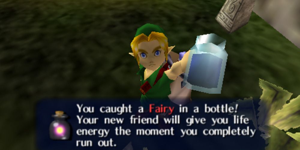 Link from Ocarina of Time catching a fairy in a bottle