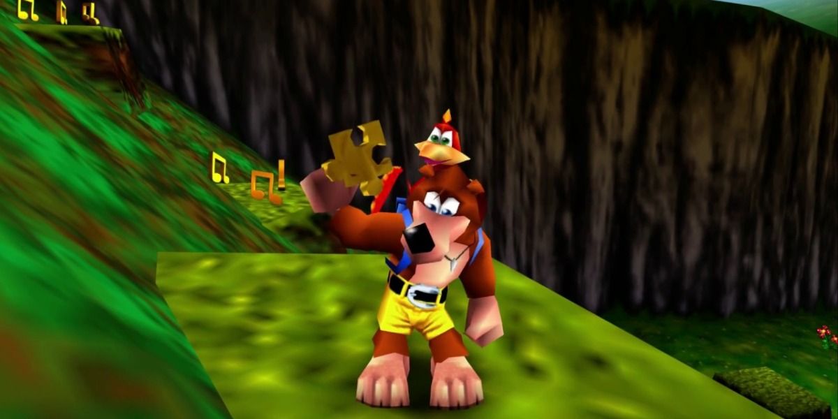 Banjo and Kazooie stand on a mountain holding a puzzle piece