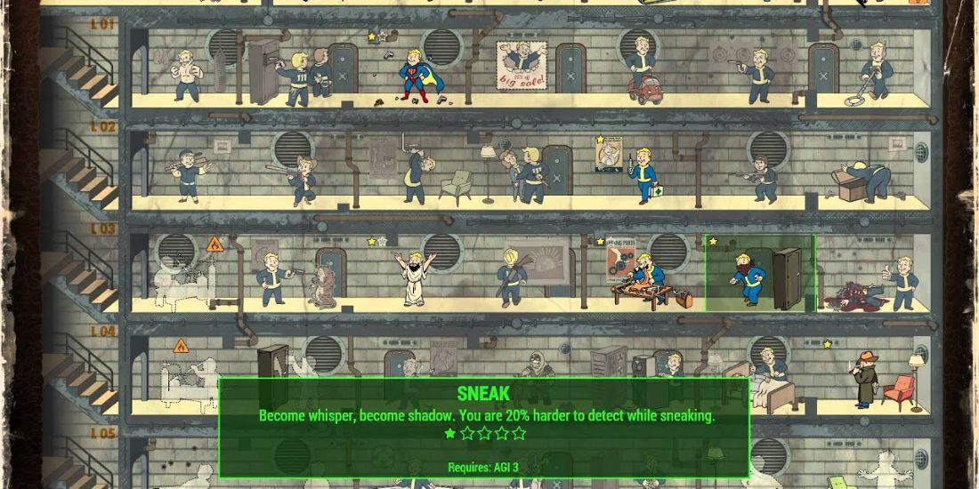 The Sneak Perk Tree menu in Fallout 4.