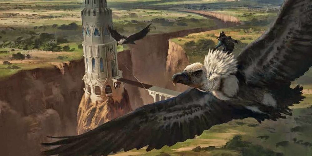 giant vultures carry an adventurer over a canyon with a tower inside of it