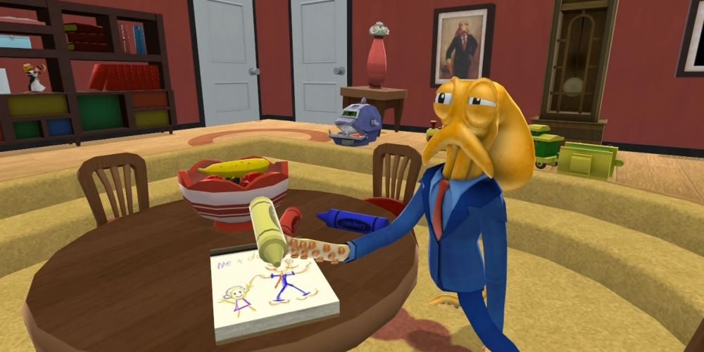 Sitting at the table in the living room in Octodad: The Dadliest Catch