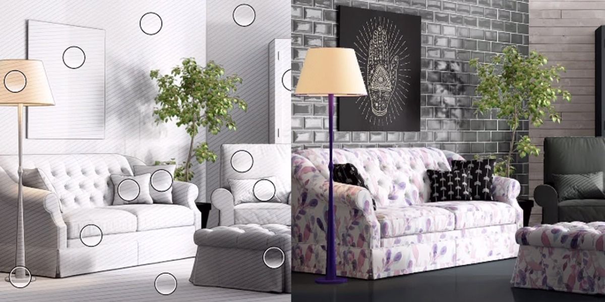 Two images showing a basic white room on the left and an improved version with more colors and patterns on the right.