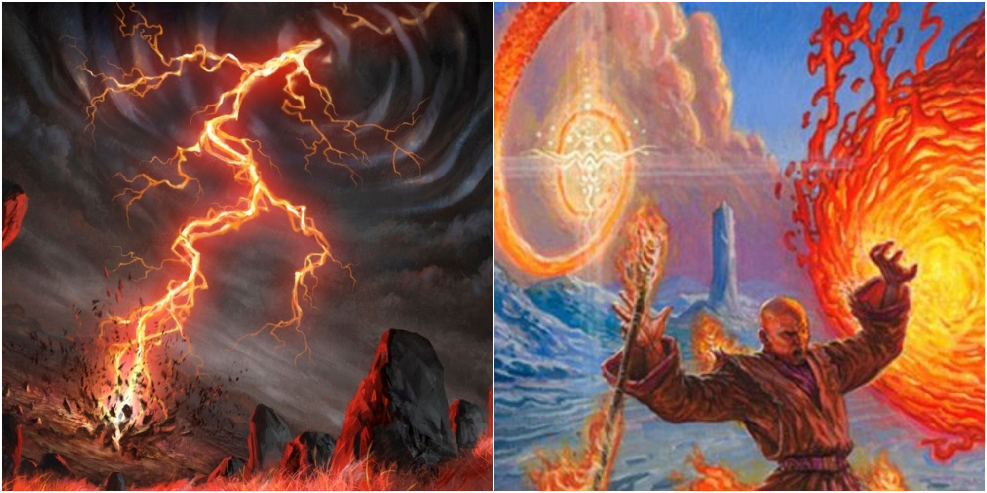 Magic The Gathering split image of Rift Bold and Lava Spike card art
